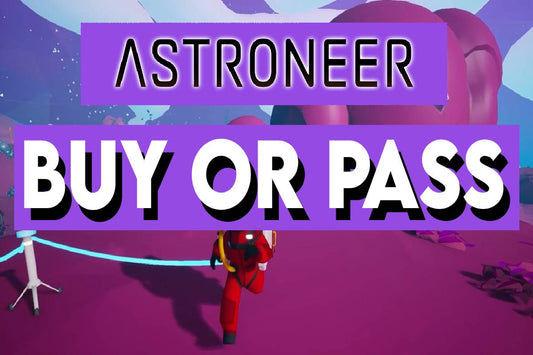 Thumbnail image with bold text reading “ASTRONEER” and “BUY OR PASS” over a colorful alien landscape, featuring a red-suited astronaut character running across a vibrant sci-fi planet.