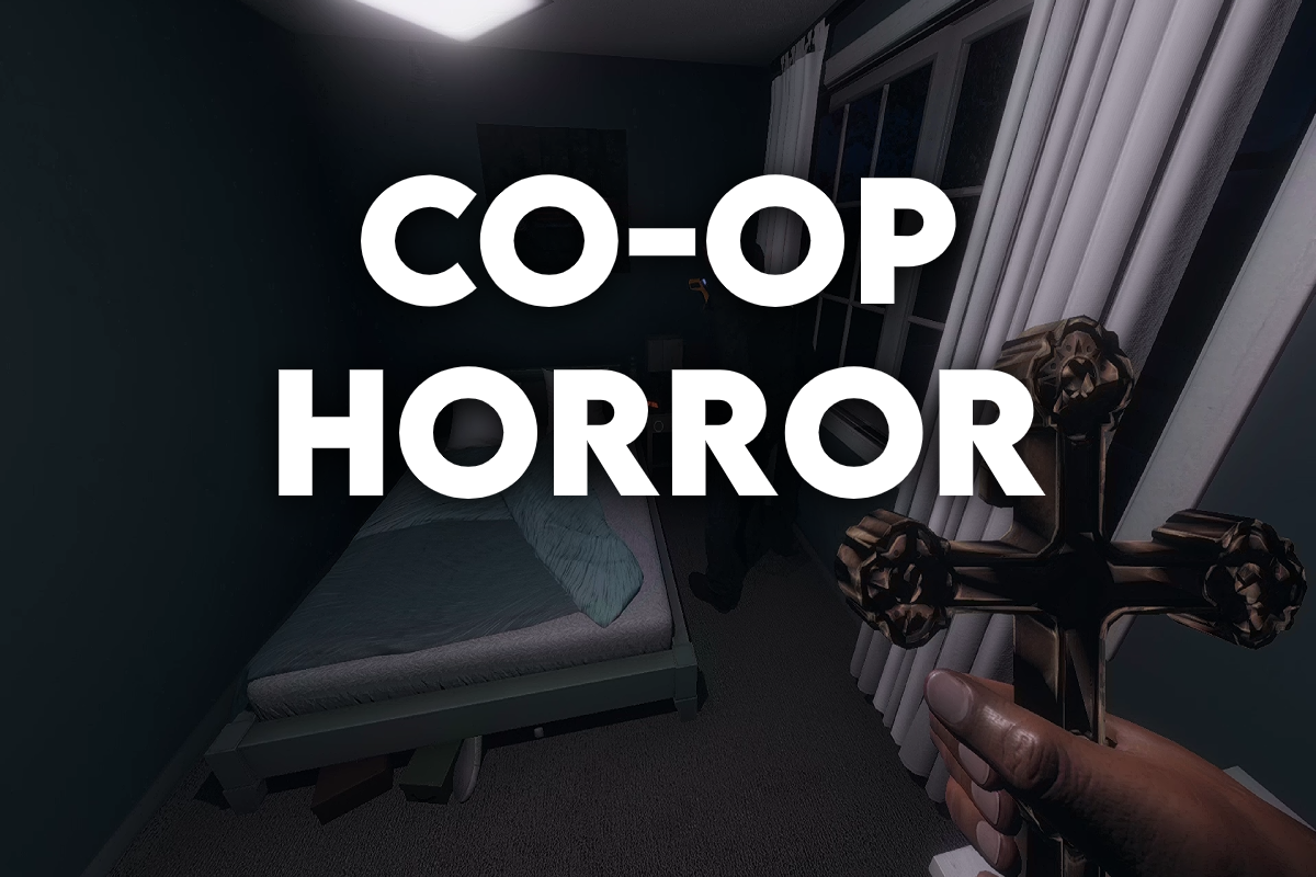 Bold white text reading “CO-OP HORROR” over a dark bedroom scene with a character holding a crucifix, creating a tense horror game atmosphere.