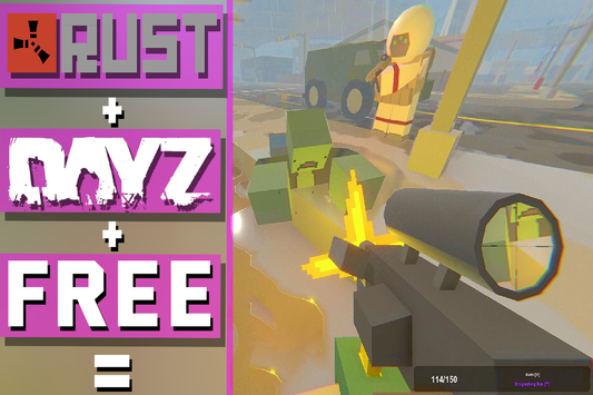 Unturned Rust and DayZ comparison thumbnail with blocky zombie gameplay and first person shooting scene