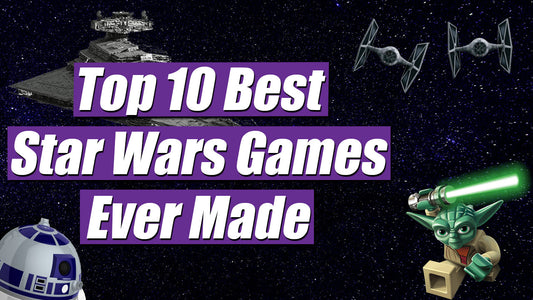A bold thumbnail-style graphic for a “Top 10 Best Star Wars Games Ever Made” list, featuring space elements like Star Destroyers, TIE fighters, R2-D2, and LEGO Yoda.