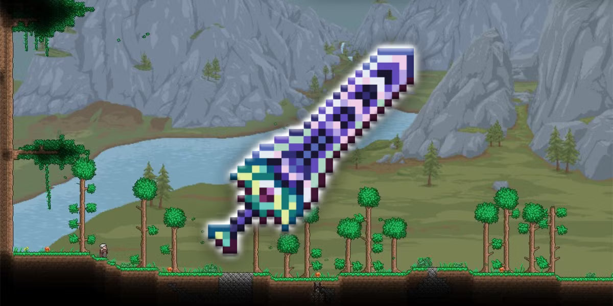 A large pixelated fantasy sword floats over a side-scrolling forest landscape with mountains and a river in the background, styled like a Terraria game scene.