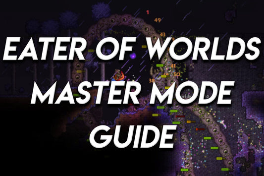 Terraria Eater of Worlds boss fight in Master Mode with large white overlay text reading “Eater of Worlds Master Mode Guide.”