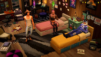 A gameplay screenshot from The Sims 4 showing three Sim characters in a cluttered bedroom, including one wearing a cowboy hat, one with pink hair, and one in a space suit.