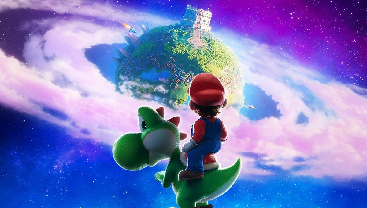 Mario rides on Yoshi through space, gazing at a vibrant, spherical planet in the distance, surrounded by cosmic clouds and stars in a scene from the Super Mario Galaxy universe.