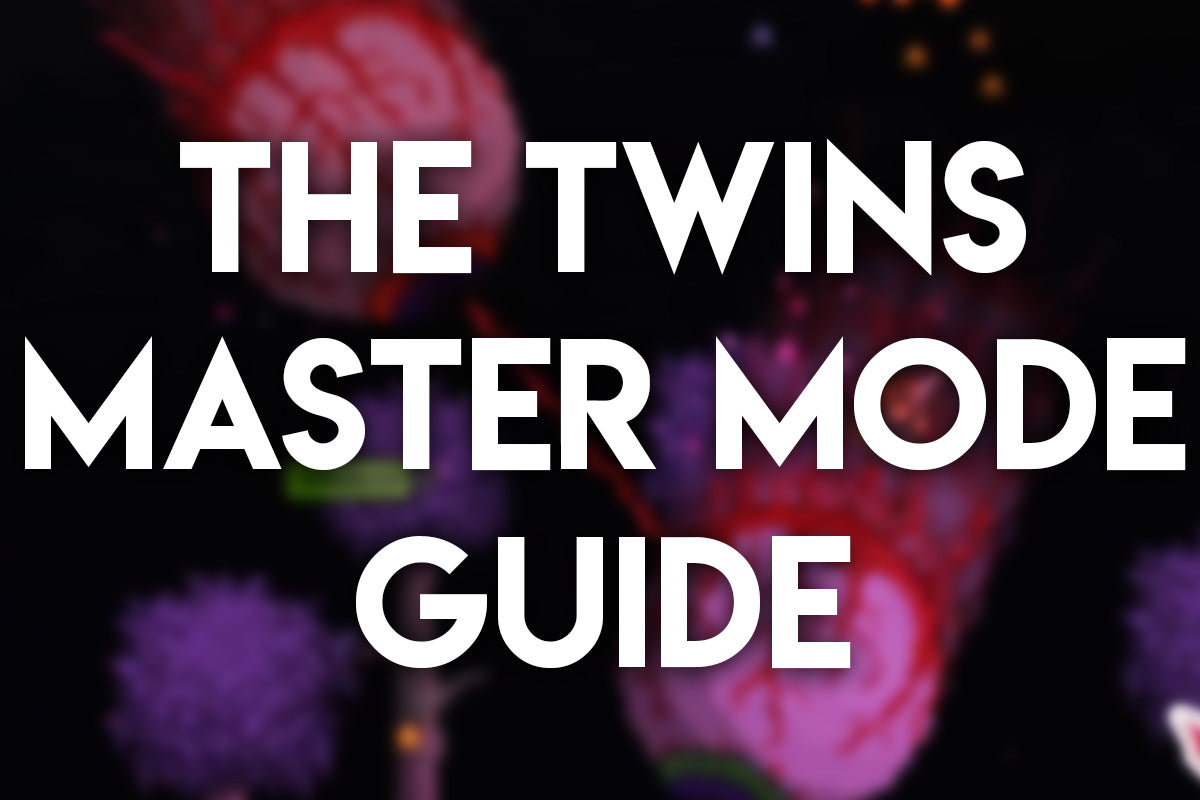 Terraria boss fight screenshot showing The Twins with large overlay text that reads “The Twins Master Mode Guide.”