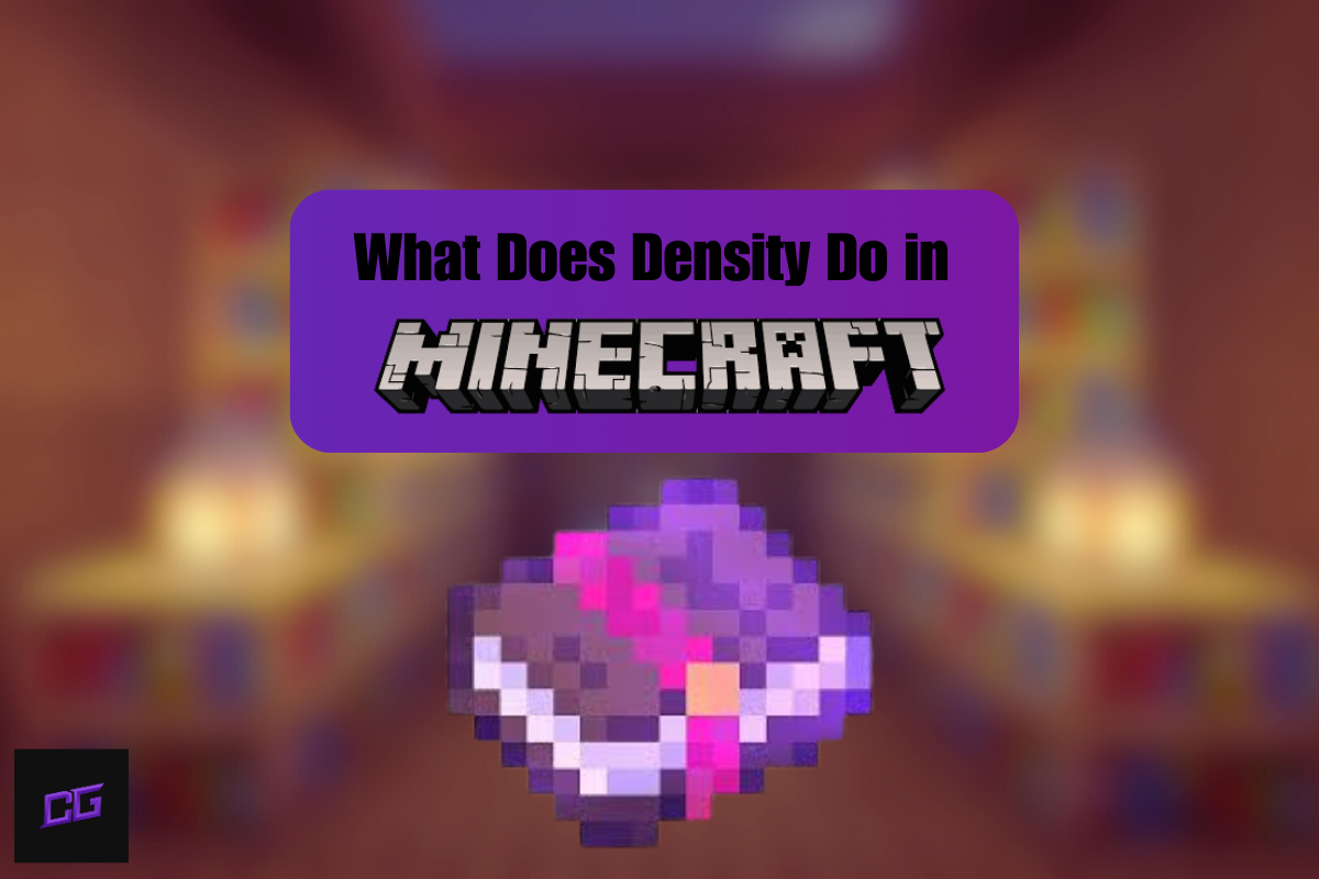 A Minecraft-themed graphic with a purple background that reads "What Does Density Do in Minecraft" above the Minecraft logo, featuring an enchanted book item at the bottom and a blurred enchanting room in the background.
