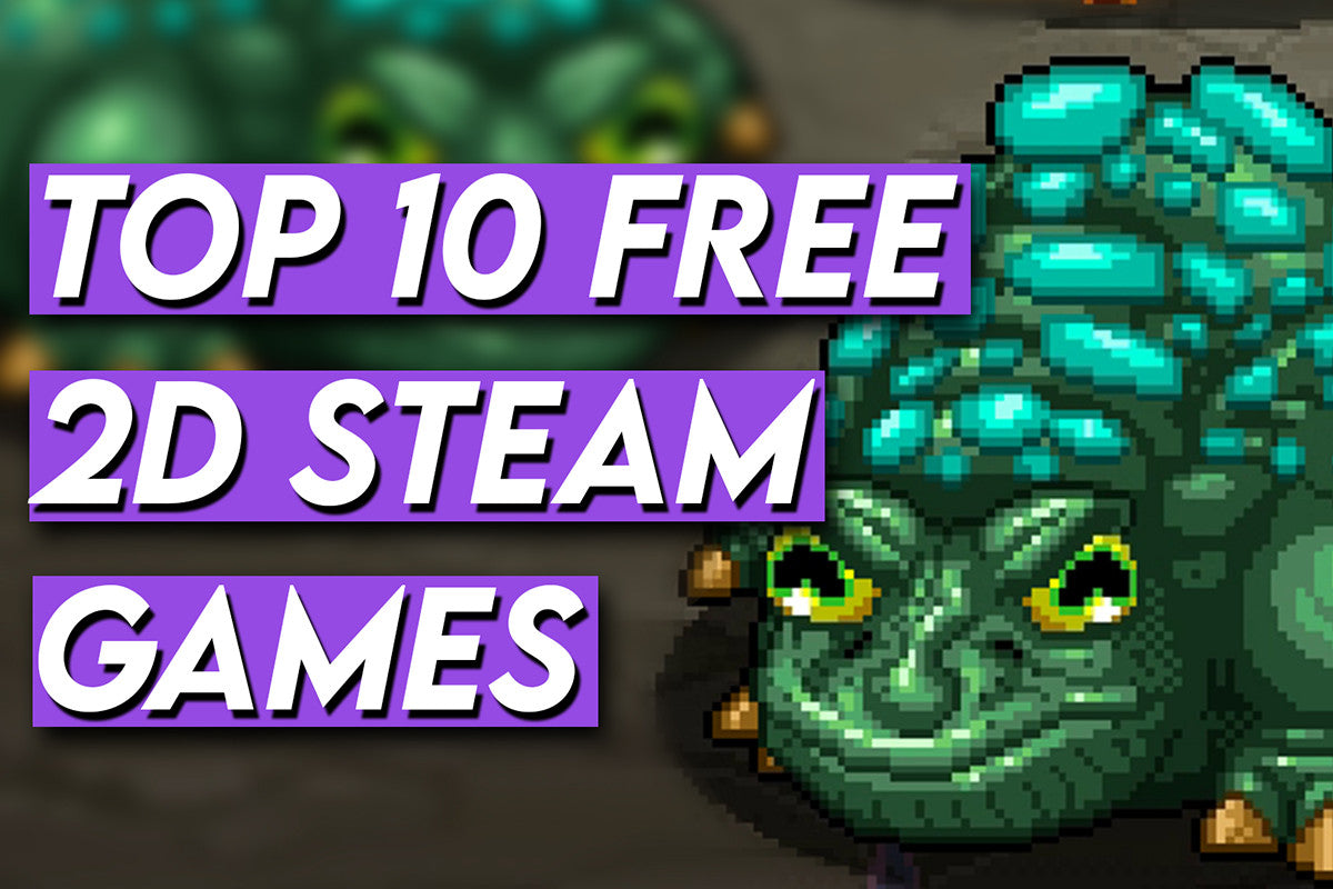 A bold thumbnail for “Top 10 Free 2D Steam Games,” featuring a pixel-art creature and vibrant purple text highlighting the list topic.