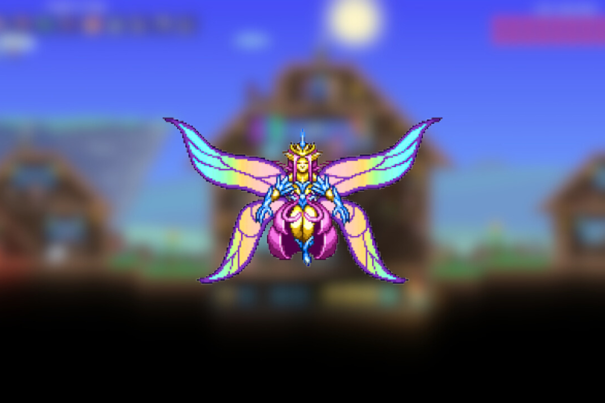 Terraria’s Empress of Light boss floating with vibrant rainbow wings against a blurred daytime background.