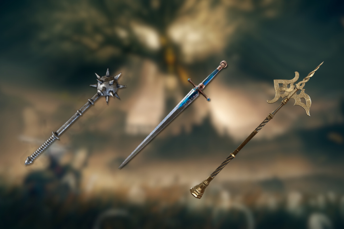 Three fantasy weapons displayed against a blurred background: a spiked mace, a long sword with a blue-accented hilt, and an ornate axe, floating side by side in a dramatic game-like scene.