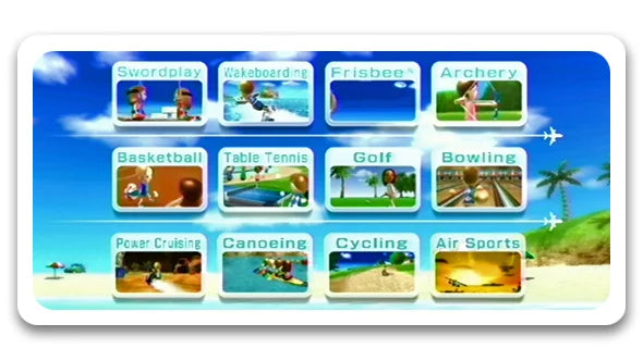 Wii Sports-style menu with various sports options on a beach background.