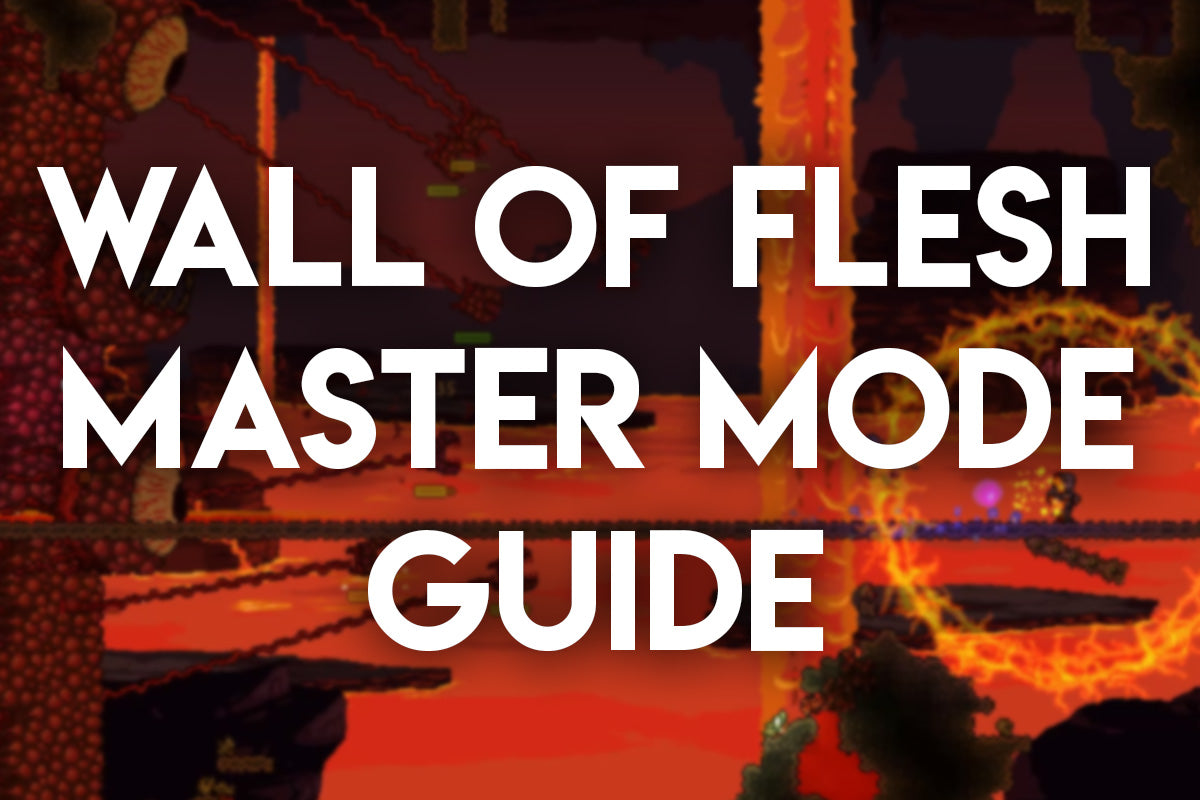 Terraria Wall of Flesh boss fight in the Underworld with lava, a long bridge arena, and large text reading “Wall of Flesh Master Mode Guide.”