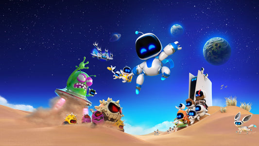 Astro Bot jumping mid air in a dessert 