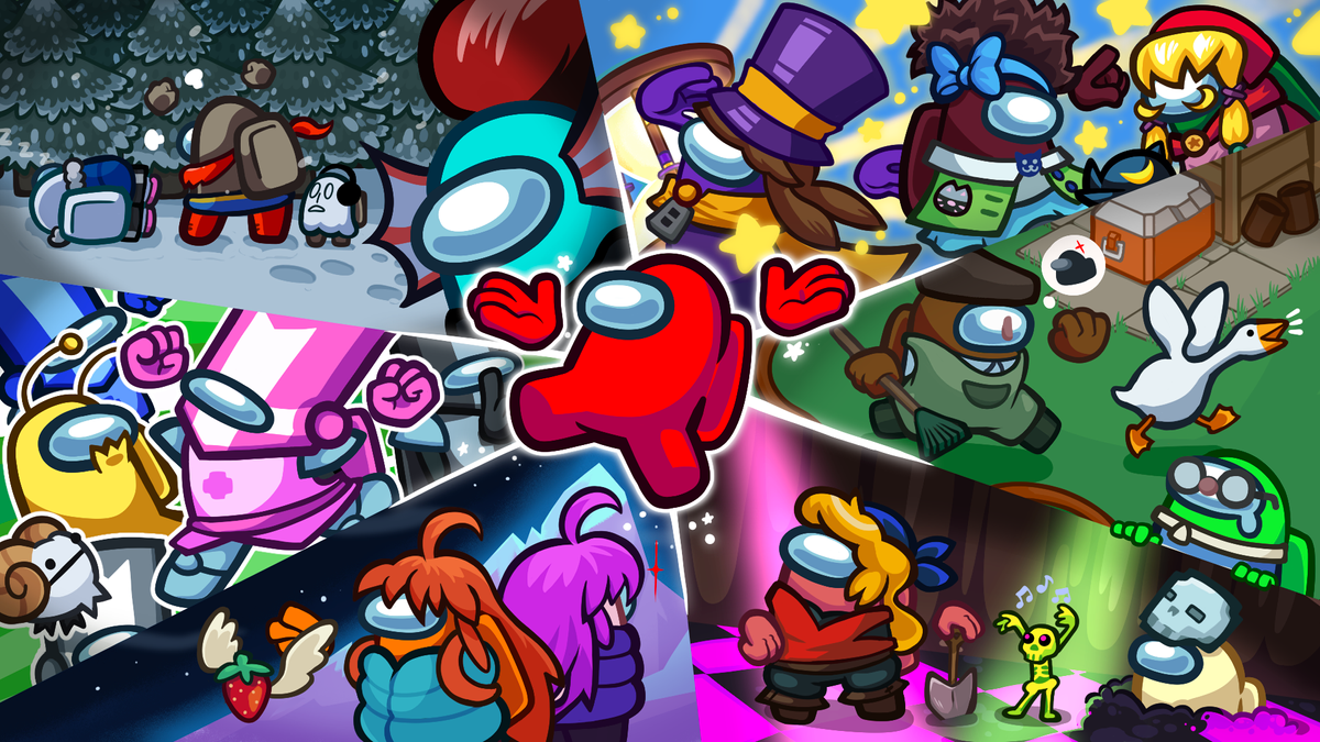 Colorful Among Us artwork showing multiple crewmates in different costumes and scenes, with a red crewmate character in the center.