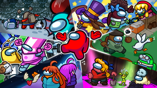 Colorful Among Us artwork showing multiple crewmates in different costumes and scenes, with a red crewmate character in the center.