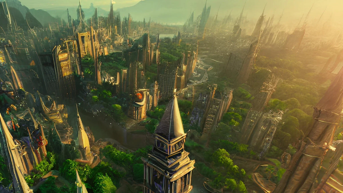 Aerial view of a sprawling fantasy city with towering spires, lush greenery, rivers, and golden sunlight over distant mountains.