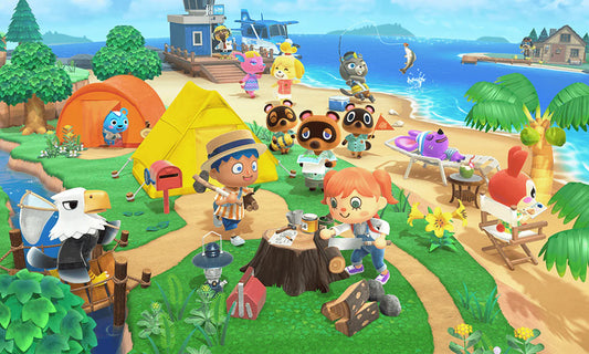 A colorful Animal Crossing beach campsite scene with villagers relaxing, fishing, and crafting near tents and palm trees.