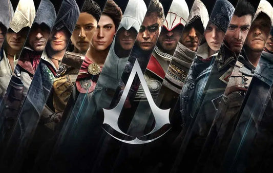 A collage of hooded protagonists from Assassin's Creed, representing different eras, with the series logo centered to highlight unity and stealth themes.