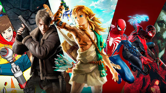 A vibrant collage of popular video game characters, including Link, Spider-Man, and Leon Kennedy, representing a mix of iconic franchises and genres.