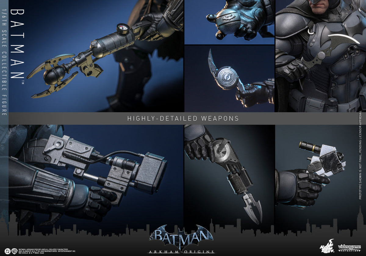 Batman collectible figure showing close up views of his weapons and gadgets, including Batarang, grappling tool, and wrist mounted gear.