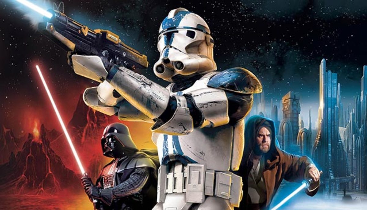 Clone trooper aiming a blaster with Darth Vader and Obi-Wan Kenobi holding lightsabers in a futuristic Star Wars city background.