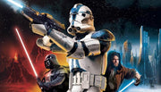 Clone trooper aiming a blaster with Darth Vader and Obi-Wan Kenobi holding lightsabers in a futuristic Star Wars city background.