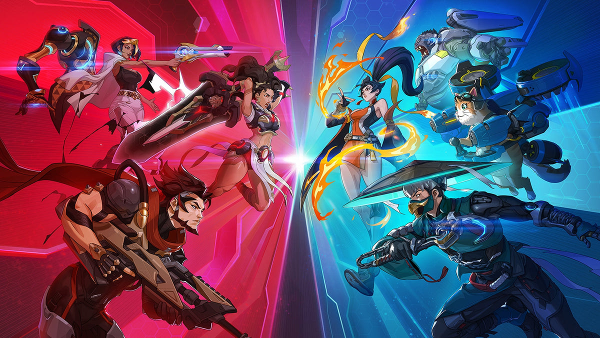 Stylized hero-versus-hero showdown with two colorful teams facing off, split by red and blue backgrounds, each character wielding unique weapons and abilities in a dynamic clash.