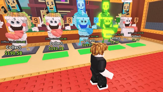 A Roblox player character stands in front of a row of collectible NPC workers displaying offline cash earnings and collect prompts ranging from $190.5B to $1.9T in a colorful idle tycoon game.