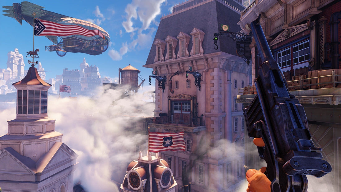 player from bioshock holding a pistol while simultaneously looking out over a city