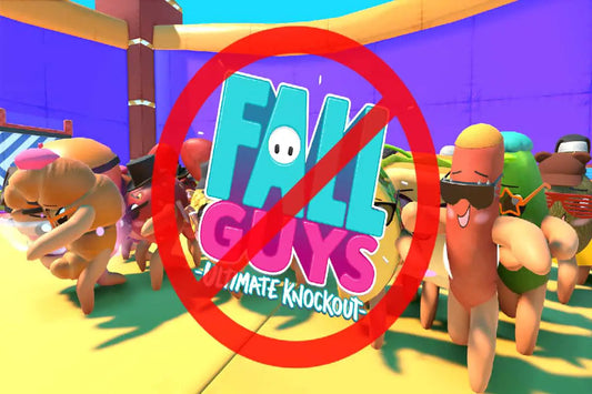 Fall Guys characters running with a red prohibition symbol over the game logo, suggesting it’s not worth playing.