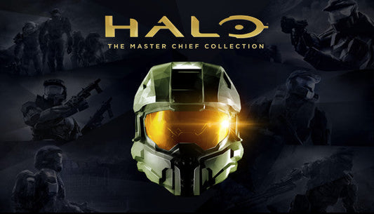 The Master Chief Collection featuring Master Chief’s helmet with a glowing gold visor centered against a dark background, surrounded by faded images of Spartans in combat.