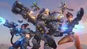 Heroic team of futuristic characters posing together, including a heavily armored warrior with a hammer, a fast-moving fighter with pistols, a sniper in winter gear, and a flying support hero with mechanical wings.
