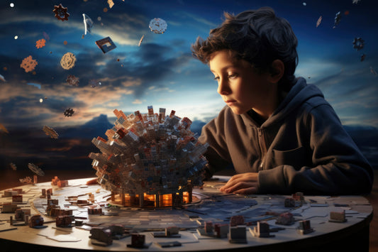 A young boy in a hoodie studies a glowing spherical structure made of tiny building blocks as pieces float around him in the twilight sky, creating a dreamy, imaginative scene