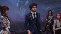 Four fantasy characters stand together in a glowing forest setting, including a man in a blue suit surrounded by companions in ornate adventure-themed outfits.