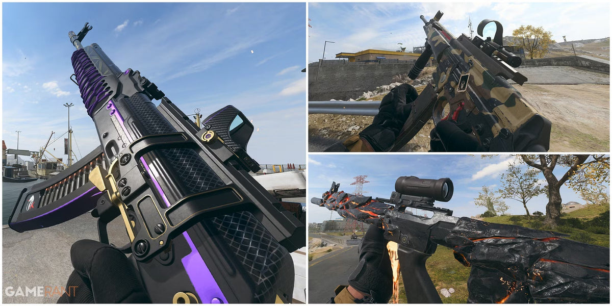 A collage of Call of Duty Warzone weapons showing customized assault rifles and rifles held in first person view across different outdoor maps.