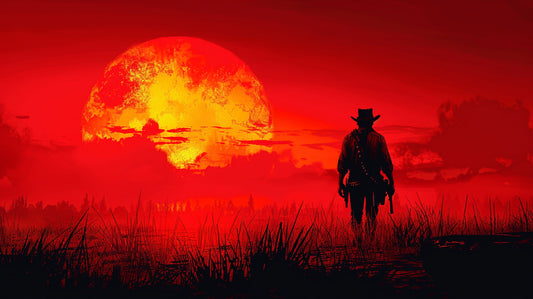 Silhouetted cowboy standing in a grassy field at sunset with a massive red sun in the background, inspired by Red Dead Redemption 2’s iconic Western aesthetic.