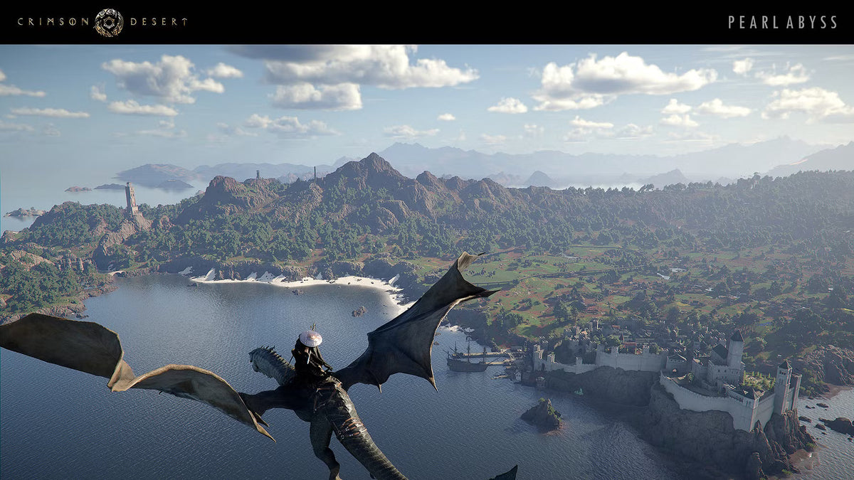A player rides a dragon high above a coastal landscape in Crimson Desert, with mountains, a sandy beach, a walled port city, and sailing ships visible below under a partly cloudy sky.