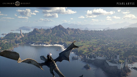 A player rides a dragon high above a coastal landscape in Crimson Desert, with mountains, a sandy beach, a walled port city, and sailing ships visible below under a partly cloudy sky.