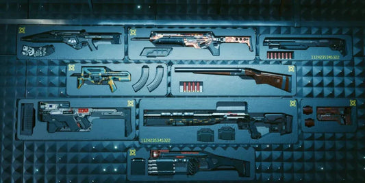 Cyberpunk 2077 style weapon display showing futuristic rifles, shotguns, and firearms arranged in a blue padded wall case with ammunition, magazines, and neon yellow markings in a high tech armory setting.