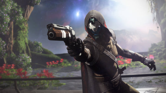 A hooded futuristic character aiming a sleek sci-fi handgun, standing in a lush alien landscape with glowing plants and a cosmic sky in the background.