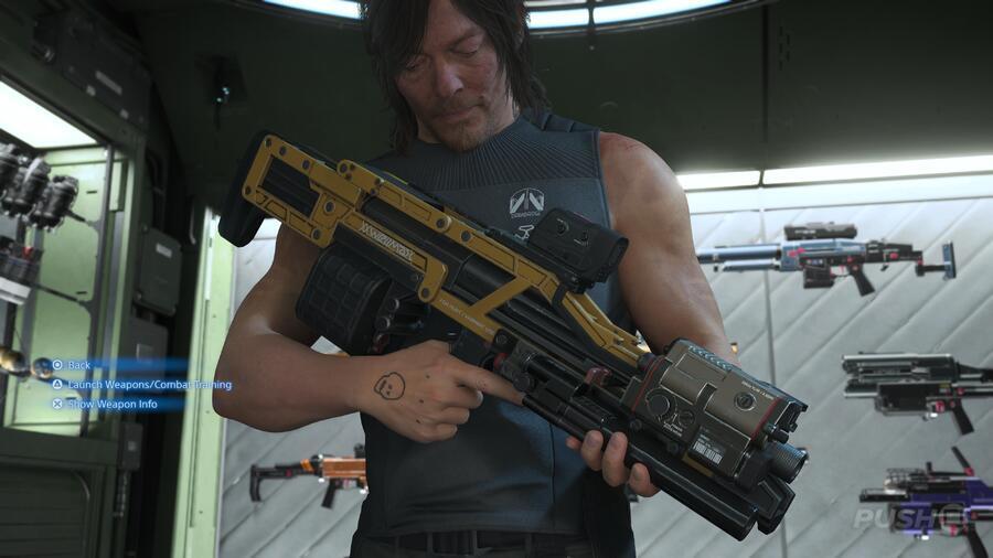 Death Stranding scene showing Sam Porter Bridges holding a futuristic non lethal rifle inside a private room weapon locker, with multiple guns mounted on the wall behind him.
