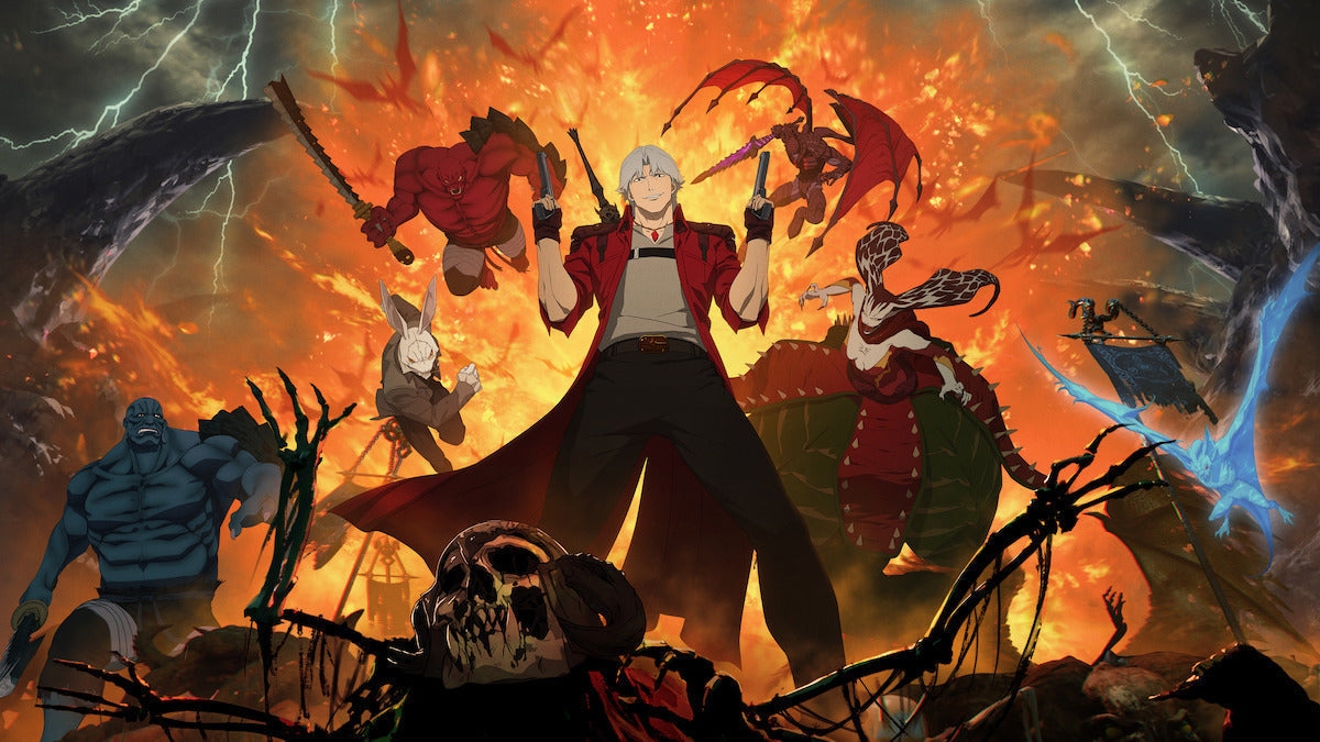 Anime scene: white-haired man with twin pistols stands before a fiery blast, surrounded by demons and lightning.