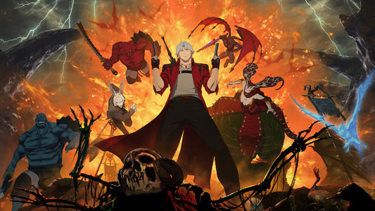 Anime scene: white-haired man with twin pistols stands before a fiery blast, surrounded by demons and lightning.