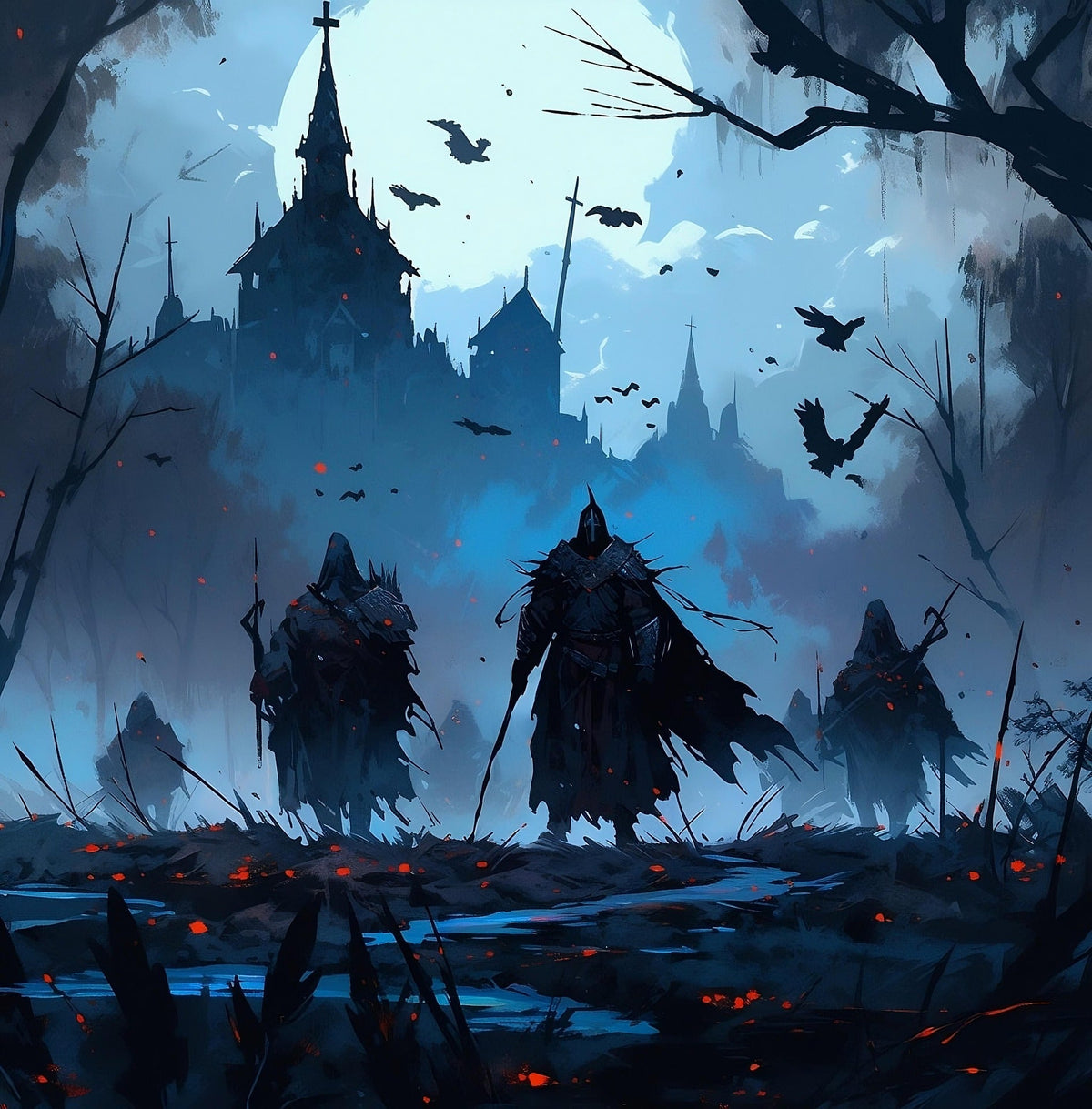 Dark fantasy scene with armored figures walking through a foggy swamp toward a gothic castle beneath a glowing moon and circling ravens.