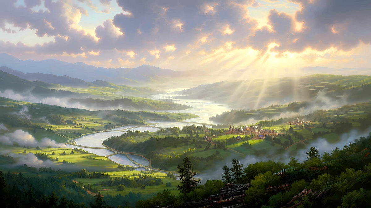 Wide fantasy landscape with rolling green hills, winding rivers, and dramatic sun rays breaking through clouds over a distant village.