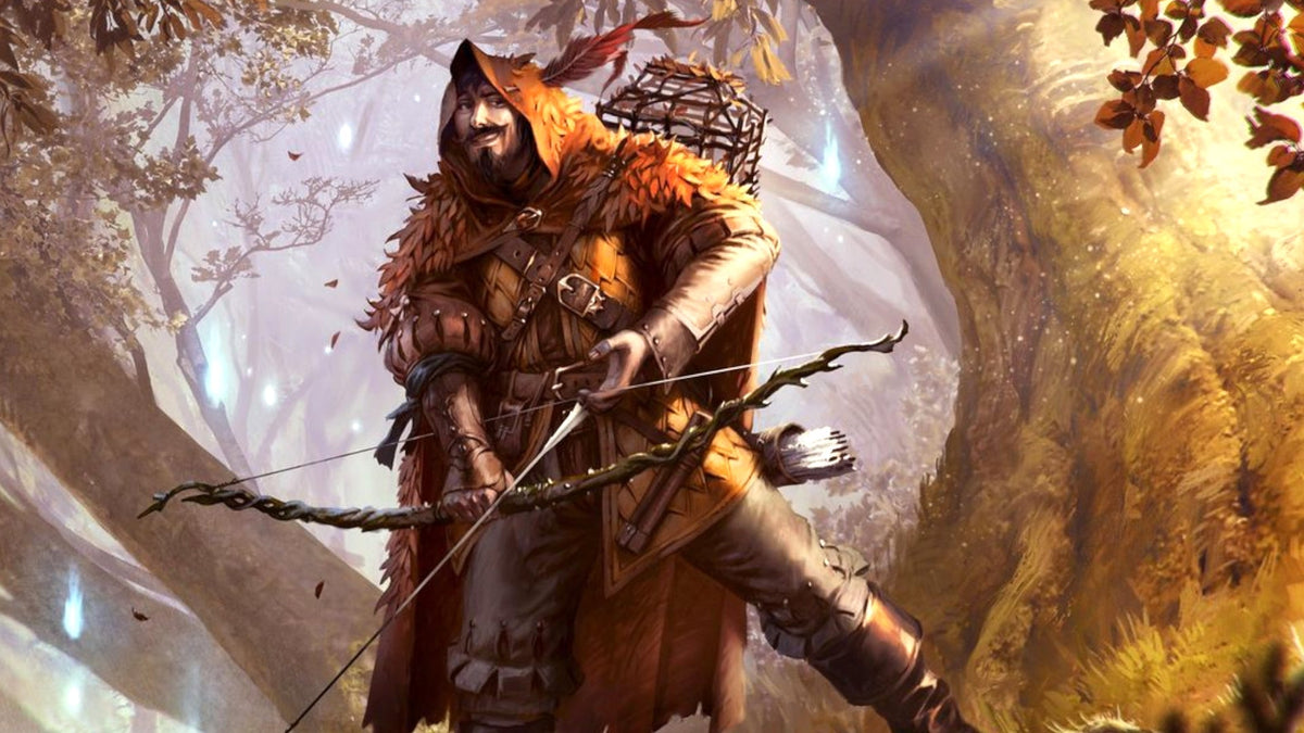 Fantasy ranger character in a glowing forest, wearing a hooded cloak and leather armor while holding a twisted bow and quiver of arrows.