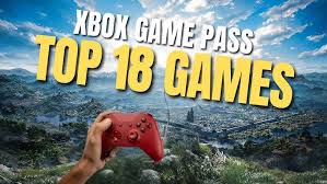 Xbox Game Pass thumbnail featuring a scenic open-world background with a red controller in hand and bold yellow text reading “Top 18 Games,” emphasizing a curated list of the best Game Pass titles