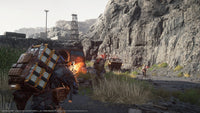 Character in a futuristic suit with a large cargo backpack fires a weapon at armed enemies on a rocky roadside, with vehicles and cliffs in the background.