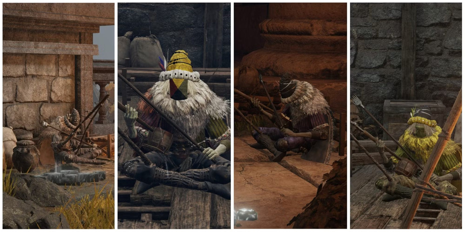 Elden Ring screenshot showing multiple masked NPCs sitting cross-legged and playing instruments in different locations.