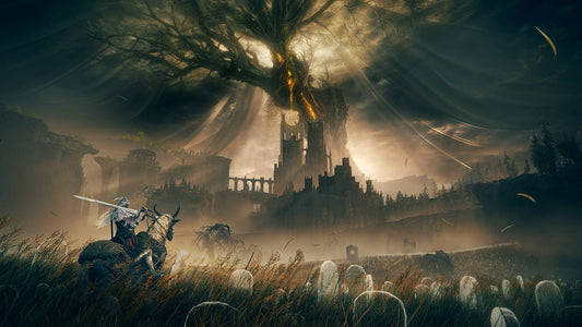 Elden Ring artwork showing a lone warrior on horseback facing a ruined castle beneath the glowing Erdtree in a dark, misty landscape.