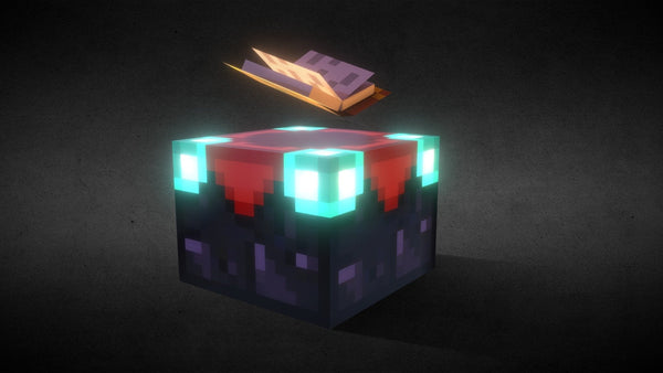 A glowing enchantment table with a floating book in a blocky game world.